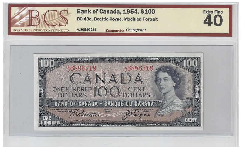 1954 $100 Banknote Beattie-Coyne, A/J, BC-43a BCS Certified Extra Fine 40