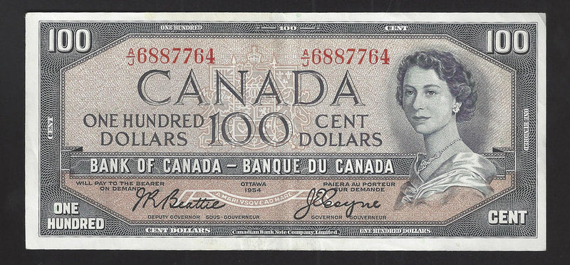 1954 $100 Bank of Canada Note Beattie-Coyne Prefix A/J6887764 BC-43a (EF)