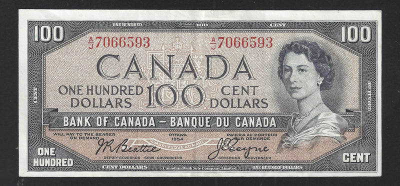 1954 $100 Bank of Canada Note Beattie-Coyne Prefix A/J7066593 BC-43a (EF)