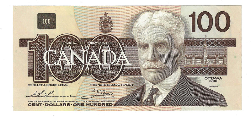 1988 Canada $100 Banknote  Thiessen-Crow, AJN,(H BPN) BC-60a (UNC)