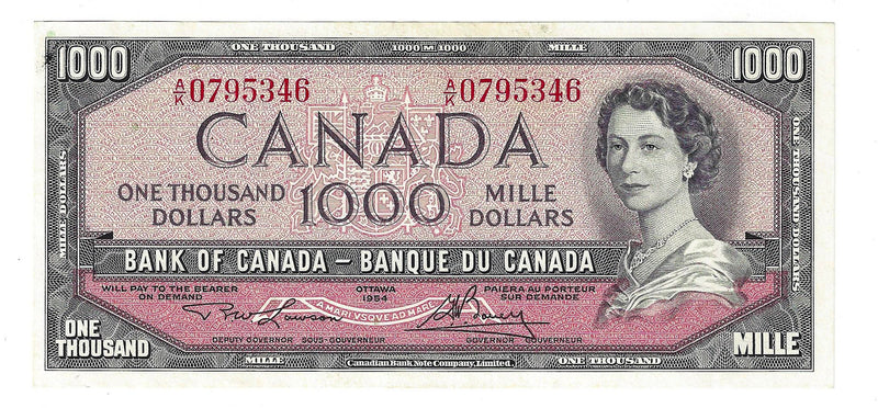 1954 Canada $1000 Banknote Lawson-Bouey,A/K, BC-44d, (UNC)