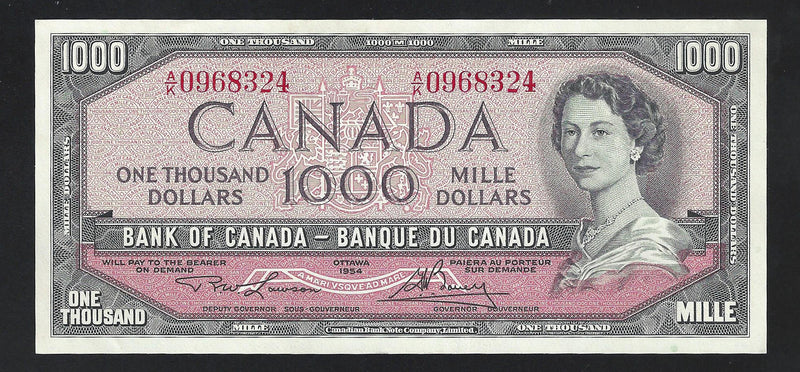 1954 $1000 Bank of Canada Note Lawson-Bouey Prefix A/K0968324 BC-44d (Gem/Unc)