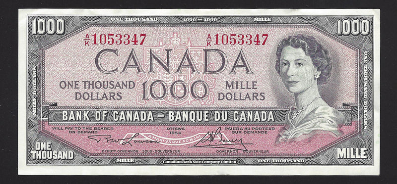 1954 $1000 Bank of Canada Note Lawson-Bouey Prefix A/K1053347 BC-44d (EF)