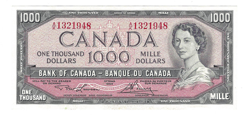 1954 Canada $1000 Banknote Lawson-Bouey,A/K, BC-44d, (UNC)