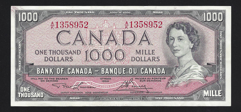 1954 $1000 Bank of Canada Note Lawson-Bouey Prefix A/K1358952 BC-44d (VF/EF)