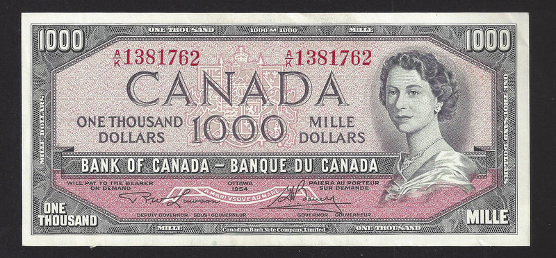 1954 Error $1000 Bank of Canada Note Lawson-Bouey Prefix A/K1381762 BC-44d About/Unc)
