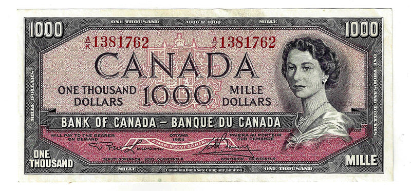 1954 Canada $1000 Banknote Lawson-Bouey, A/K, BC-44d, (Almost/UNC)