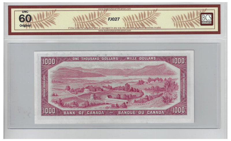 1954 Canada $1000 Banknote Lawson-Bouey,A/K, BC-44d, BCS Certified (UNC 60  Original)
