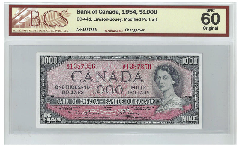 1954 Canada $1000 Banknote Lawson-Bouey,A/K, BC-44d, BCS Certified (UNC 60  Original)