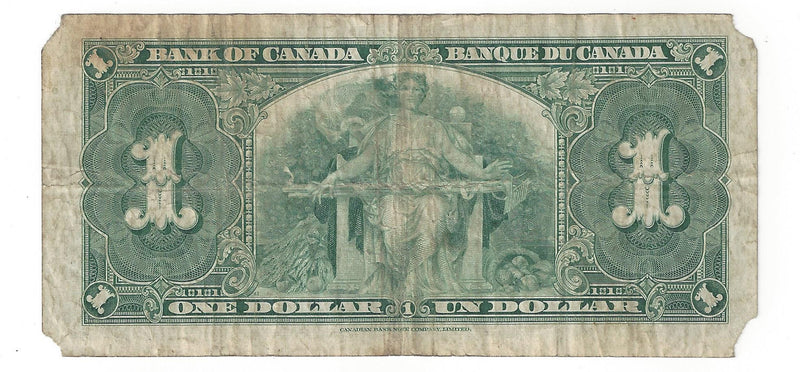 1937 Canada $1 Banknote Gordon-Towers (WP), A/M, BC-21c (Circ.) Damage