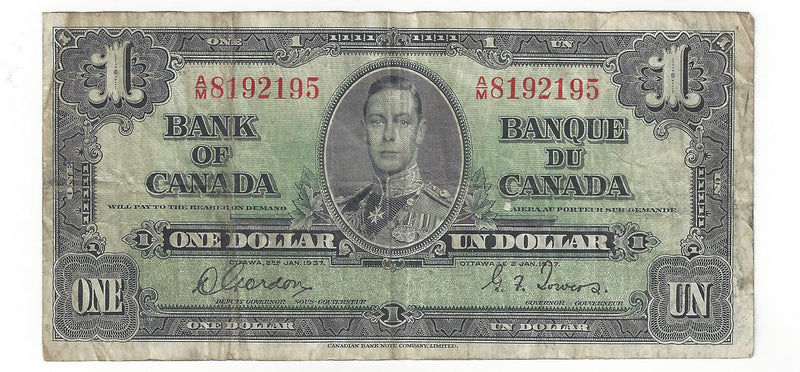 1937 Canada $1 Banknote Gordon-Towers (WP), A/M, BC-21c (VG)