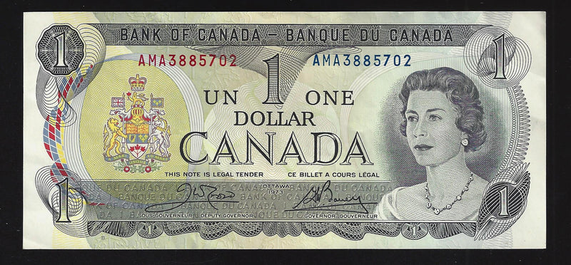 1973 $1 Bank of Canada Note Crow-Bouey (3 Letters) AMA3885702 BC-46b (Unc)