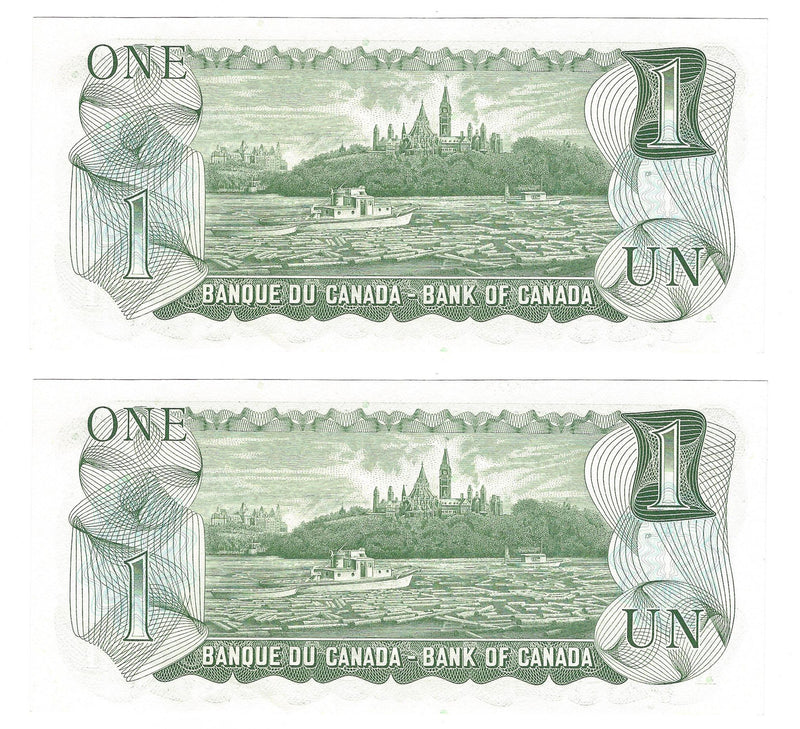 1973 Canada 2 Sequential $1 Banknote Crow-Bouey, AMK, BC-46b (UNC)