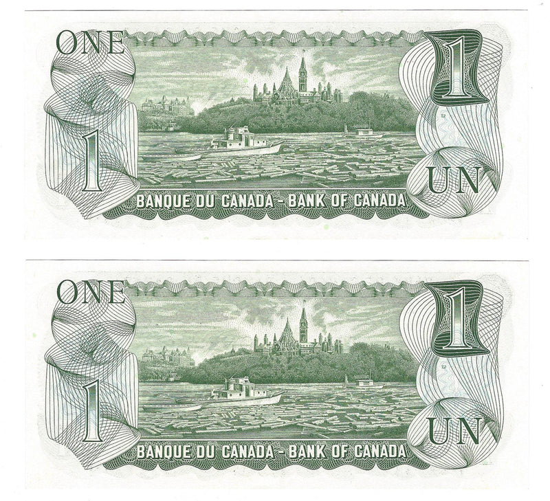 1973 Canada 2 Sequential $1 Banknote Crow-Bouey, AMM, BC-46b (C/UNC)