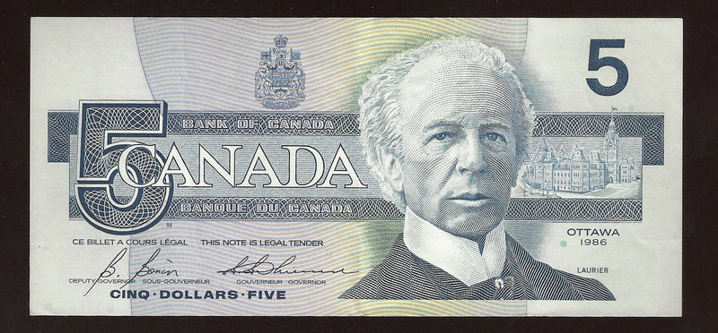 1986 $5 Bank Of Canada Note Bonin-Thiessen Prefix ANF3725516 BC-56c-i (Circ.)