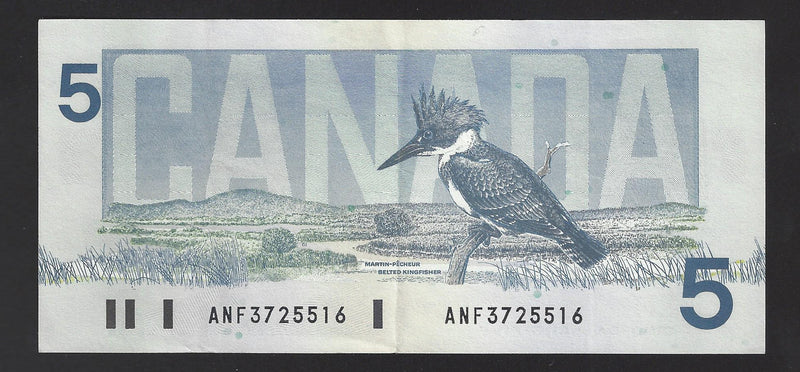 1986 $5 Bank Of Canada Note Bonin-Thiessen Prefix ANF3725516 BC-56c-i (Circ.)