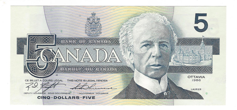 1986 Canada $5 Banknote Knight-Thiessen ,ANH, BC-56d  (C/UNC)