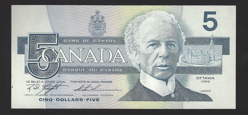 1986 $5 Bank Of Canada Note Kinght-Thiessen Prefix ANJ8830057 BC-56d (Ch/Unc)