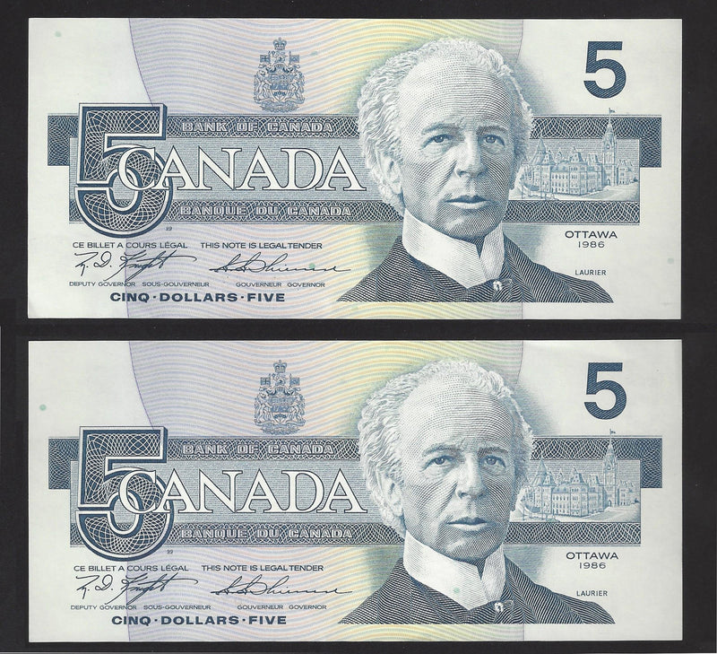 1986 2 Consecutive $5 Bank Of Canada Note Kinght-Thiessen Prefix ANK2729325/326 BC-56d (Gem/Unc)