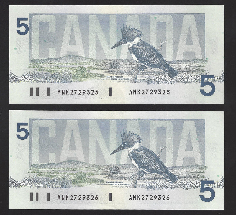 1986 2 Consecutive $5 Bank Of Canada Note Kinght-Thiessen Prefix ANK2729325/326 BC-56d (Gem/Unc)