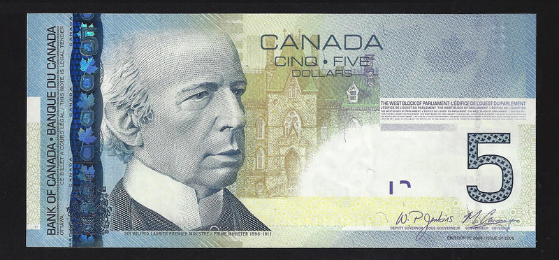 2009 $5 Replacement Bank Of Canada Note Jenkins-Carney AAN1055122 BC-67bA (Gem/Unc)