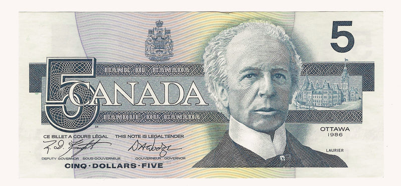 1986 Canada $5 Banknote Knight-Dodge ,ANR, BC-56e-i (Almost/UNC)