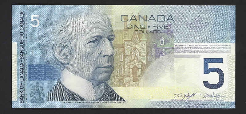 2001 $5 Bank Of Canada Note Knight-Dodge Prefix ANV5918167 BC-62a (Gem/Unc)