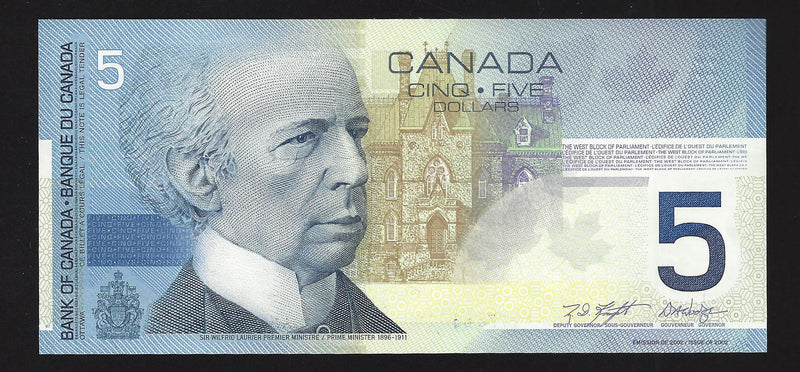 2001 $5 Bank Of Canada Note Knight-Dodge ANV7846400 BC-62a (Gem/Unc)