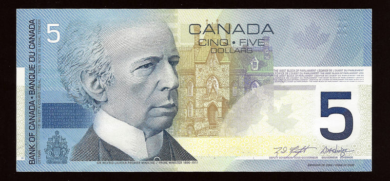 2001 $5 Bank Of Canada Note Knight-Dodge AOC5033561 BC-62a (Gem/Unc)