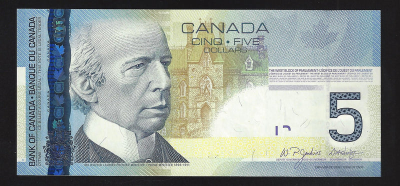 2006 $5 Bank Of Canada Note Jenkins-Dodge Prefix AOJ4661348 BC-67a (Gem/Unc)