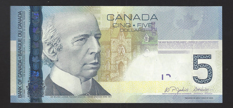 2006 $5 Bank Of Canada Note Knight-Dodge Prefix AOM7682652 BC-67a (Gem Unc)