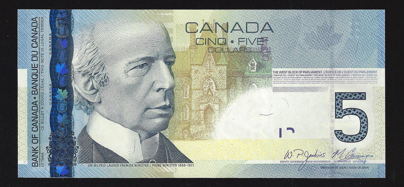 2008 $5 Bank Of Canada Note Jenkins-Carney APT3446940 BC-67b (Gem/Unc)