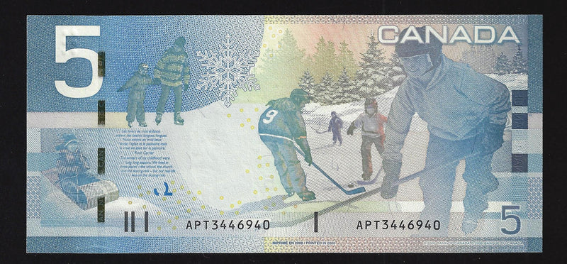 2008 $5 Bank Of Canada Note Jenkins-Carney APT3446940 BC-67b (Gem/Unc)