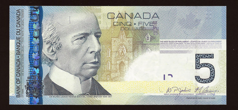 2008 $5 Bank Of Canada Note Jenkins-Carney Prefix APU0508910 BC-67b (Gem/Unc)