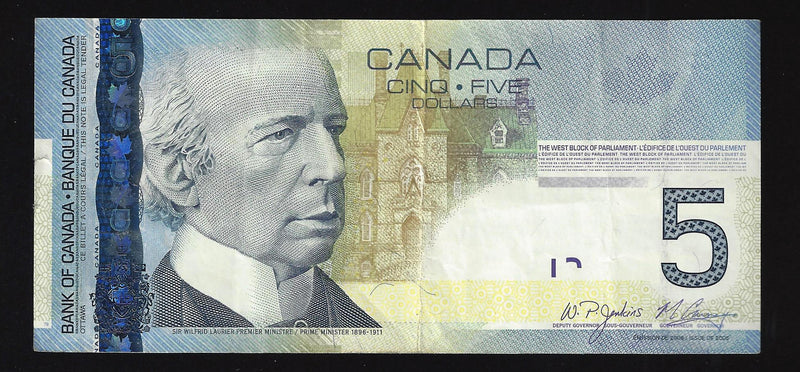 2008 $5 Bank Of Canada Note Jenkins-Carney APZ2151952 BC-67b (Circ.)
