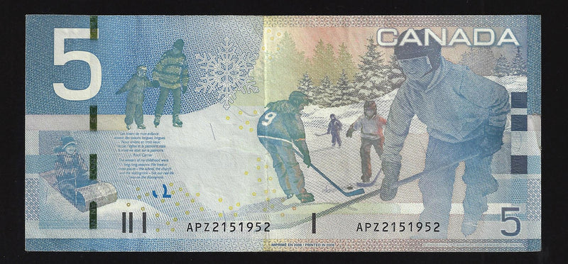 2008 $5 Bank Of Canada Note Jenkins-Carney APZ2151952 BC-67b (Circ.)