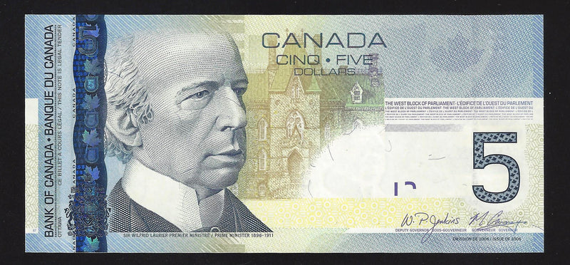 2008 $5 Bank Of Canada Note Jenkins-Carney APZ6148518 BC-67b (Gem/Unc)
