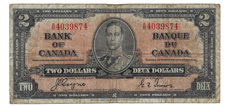 1937 Canada $2 Banknote Coyne-Towers,A/R, BC-22c (VG)