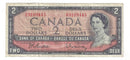 1954 Canada $2 Banknote Beattie-Rasminsky, A/R, BC-38b (F/VF)