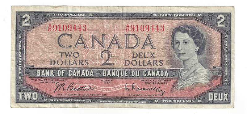 1954 Canada $2 Banknote Bouey-Rasminsky, B/G, BC-38c (F/VF)