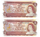 2 Sequential 1974 $2 Banknote Crow-Bouey, Prefix ARC,  BC-47b, Unc