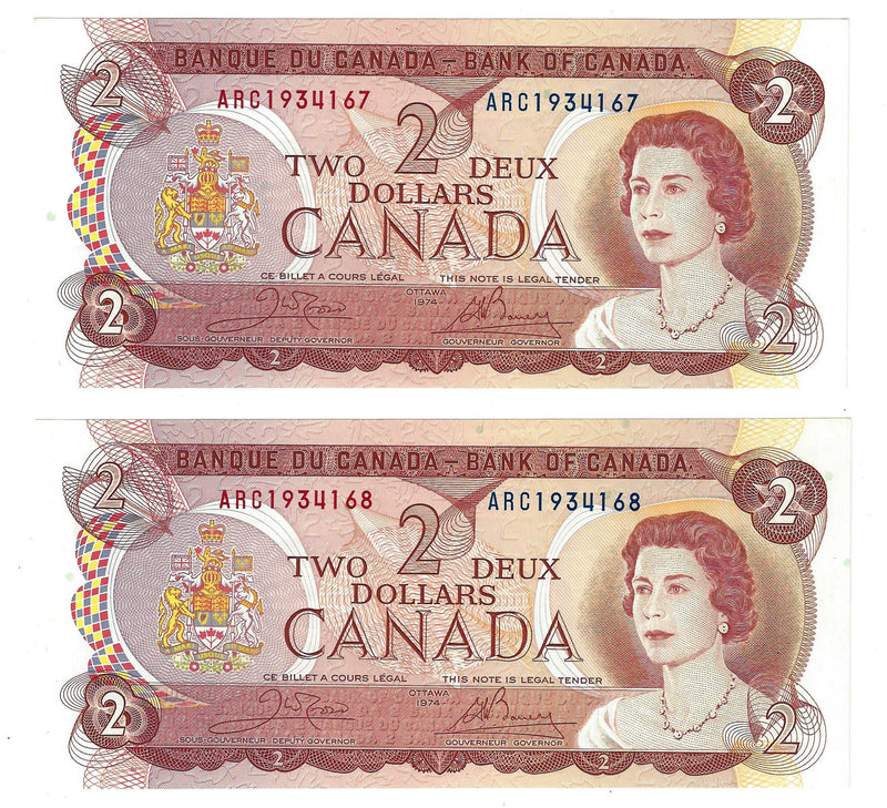 2 Sequential 1974 $2 Banknote Crow-Bouey, Prefix ARC,  BC-47b, Unc