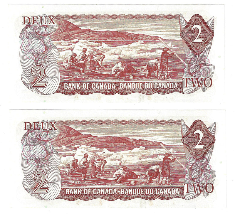 2 Sequential 1974 $2 Banknote Crow-Bouey, Prefix ARC,  BC-47b, Unc