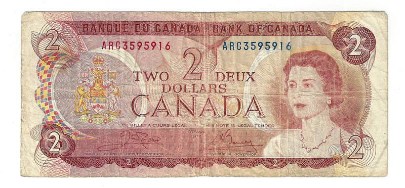1974 $2 Banknote Crow-Bouey, Prefix ARC,  BC-47b, Circ.