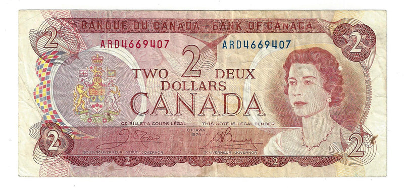 1974 $2 Banknote Crow-Bouey, Prefix ARD,  BC-47b, Circ.