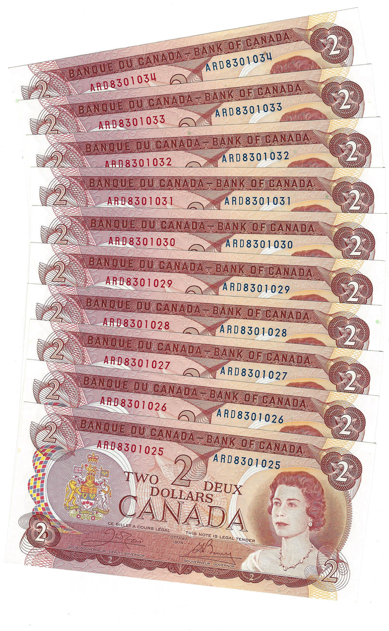 1974 $2 Banknote Crow-Bouey, Prefix ARD,  BC-49-E2-i,INK Smears (Minor) C/Unc