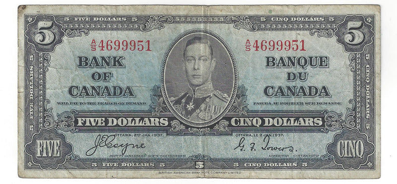 1937 Canada $5 Banknote Coyne-Towers, A/S, BC-23c (F)