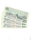 3 Sequential 1991 Canada $20 Banknote Bonin-Thiessen, ASD, BC-58b-i C/UNC