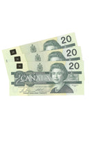 3 Sequential 1991 Canada $20 Banknote Bonin-Thiessen, ASD, BC-58b-i C/UNC
