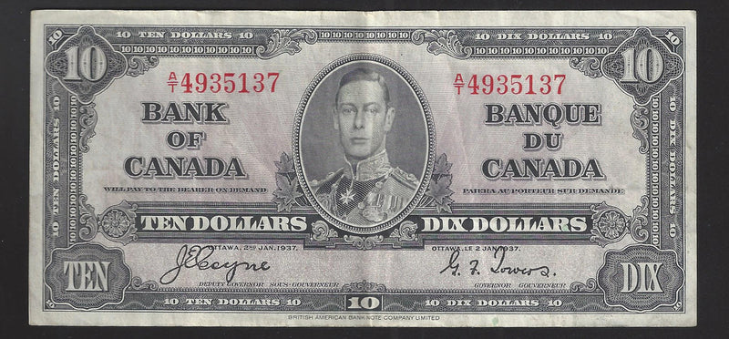 1937 $10 Bank of Canada Note Coyne-Towers Prefix A/T4935137 BC-24c (VF)